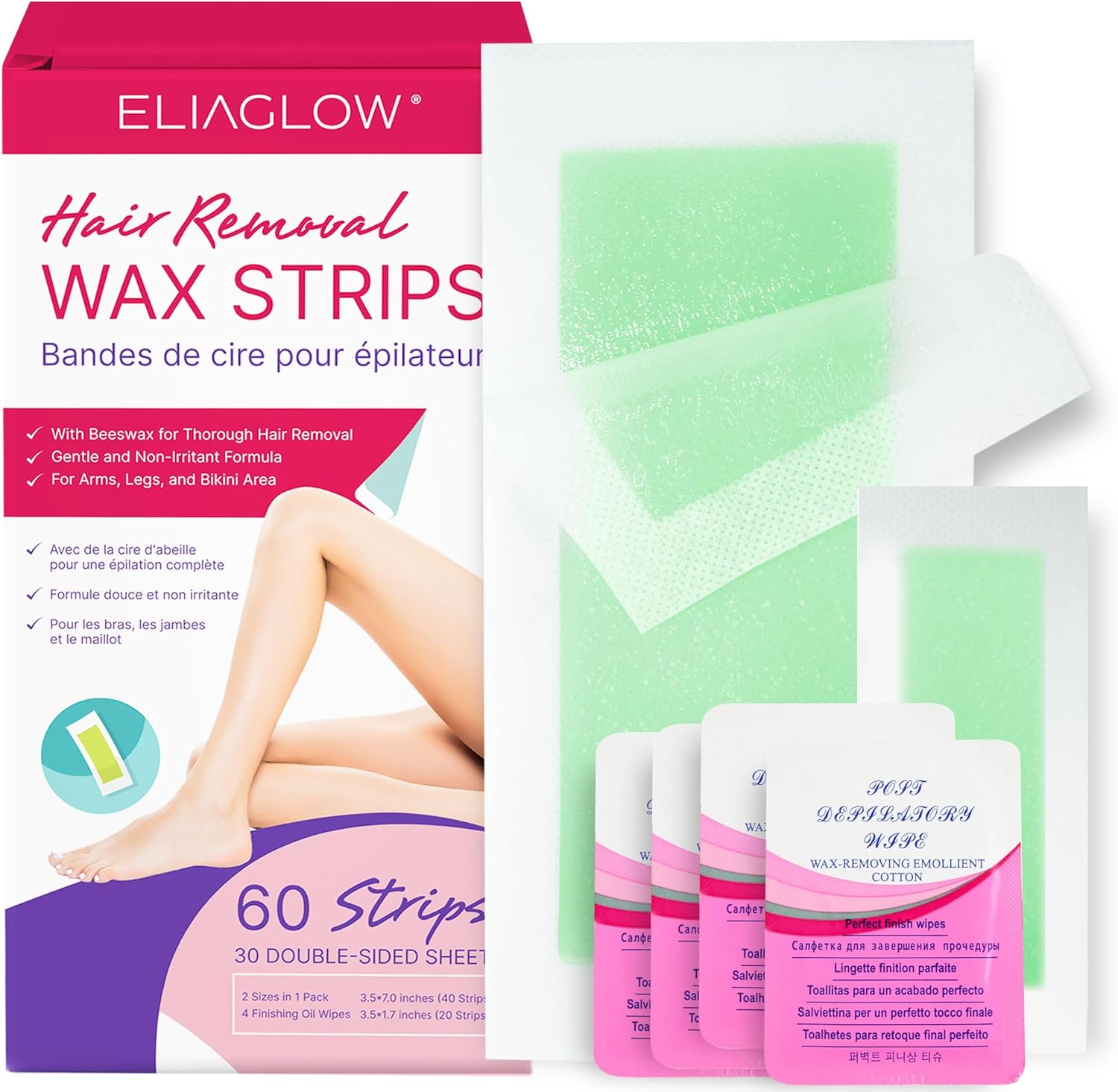 60 PCS Wax Strips for Hair Removal: 40 Body & 20 Facial Hair Removal for Women - Waxing Kit for Women, Face, Eyebrow, Arms, Legs, Chest, Back, Bikini/Brazilian Waxing Strips & 4 Calming Oil Wipes