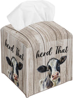 Cow Decorative Tissue Box Cover Square, Wood Pattern Leather Tissue Box Cover Holder, Housewarming Gift Ideas for Family Friends, Home Office Bathroom Car Decor-(5.2 Inches) A25