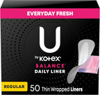 U by Kotex Balance Daily Panty Liners, Wrapped, Light Absorbency, Regular Length, 50 Count (Packaging May Vary)