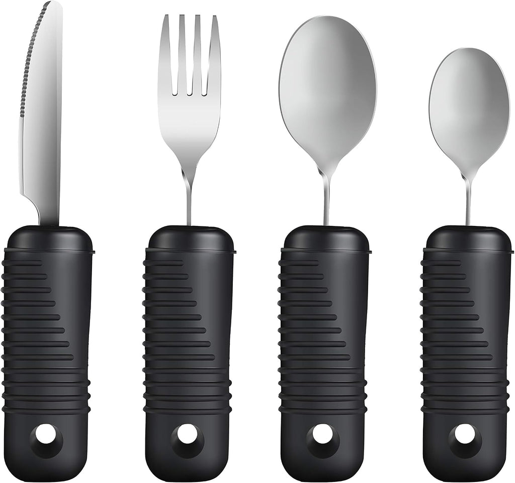 YPCBYNBS Adaptive Utensils,Easy Grip Silverware,Built Up Bendable Fork,Teaspoon,Tablespoon and Knife for Elderly,Hand Tremors,Arthritis and Parkinson's Patients,4 Piece Set