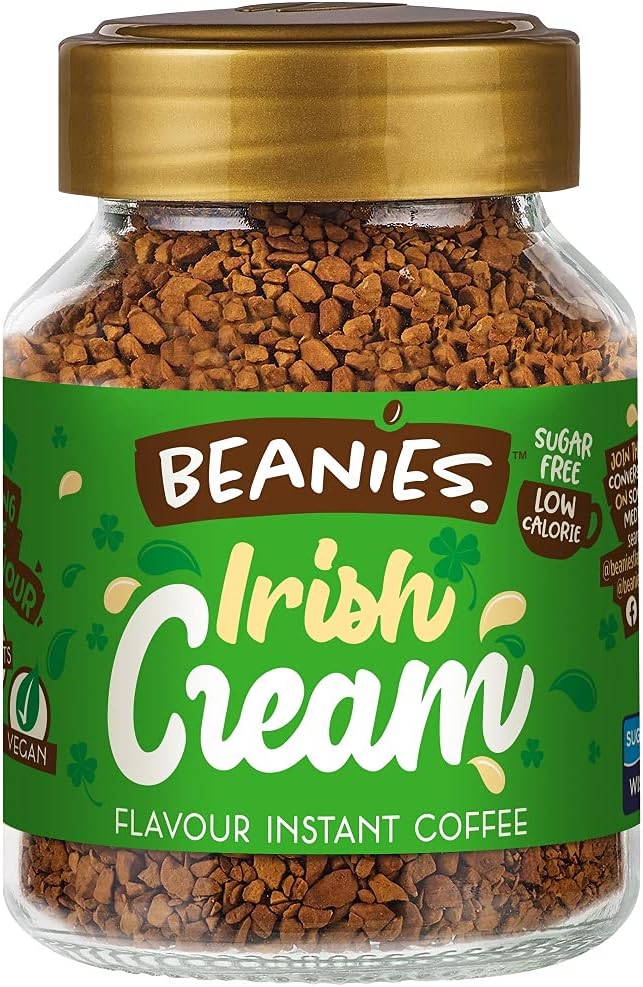 Beanies Flavour Instant Coffee - Irish Cream Instant Flavored Coffee - Bold & Adventurous Full-On Flavor - An Indulgent Sugar Free Taste Explosion - Low Calorie - Vegan & Gluten Free - Wheat & Dairy Free, 50g jar