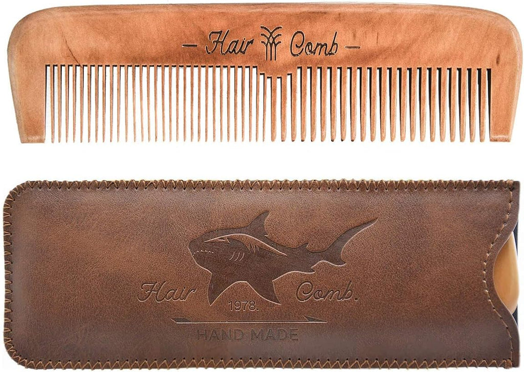 Wooden Hair Combs for Men,Men's Wood Beard Comb with Leather Travel Case,Mens Combs for Hair,Kids Comb(brown shark)