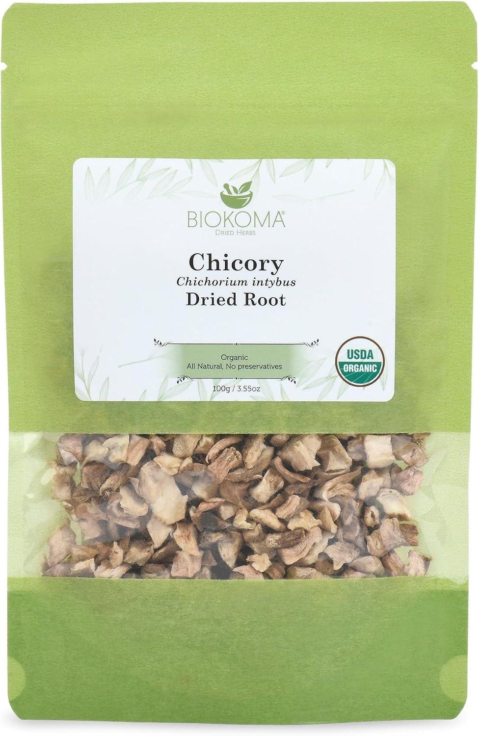Biokoma Organic Chicory Root 100g 3.55 oz Dried Cut Coffee Substitute USDA Organic Herbal Tea Caffeine-Free Digestive Health Resealable Moisture Proof Pouch No Additives No Preservatives No GMO Kosher
