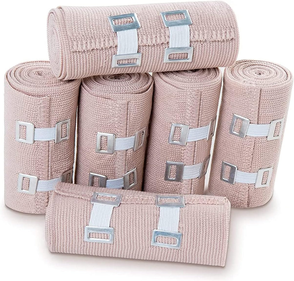 OBTANIM 6 Rolls Elastic Bandage Wrap with 12 Extra Clips, 6 Inch X 15ft Compression Bandage Stretch Tape for Medical, Athletic Sport, Wrist, Arm, Leg Sprains, Calf, Ankle & Foot