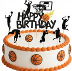 7PCS Basketball Happy Birthday Cake Topper Set, Black Glitter Sports Themed Cake Toppers, Player Silhouette Dessert Picks for Teen Boys Men Party Decorations