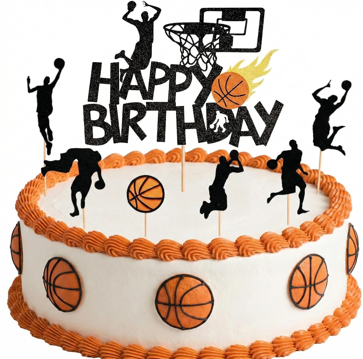 7PCS Basketball Happy Birthday Cake Topper Set, Black Glitter Sports Themed Cake Toppers, Player Silhouette Dessert Picks for Teen Boys Men Party Decorations