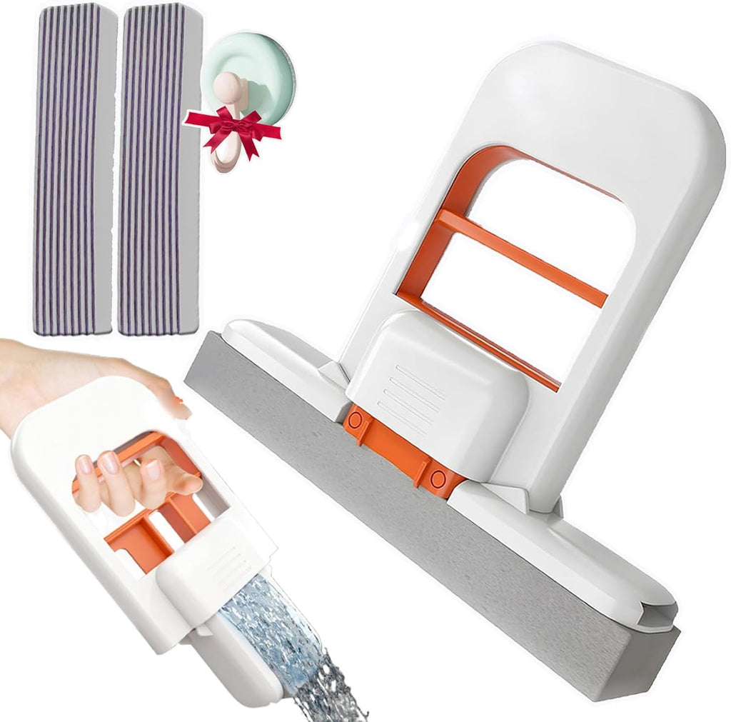 Mini Mop, 2025 New Upgrade Mini Portable Self-Squeezing Mop, Mini Mops for Small Spaces, Wet and Dry Use Cleaning System Small Mops for Bathroom Kitchens Desktop Glass (Orange + Sponge*2)