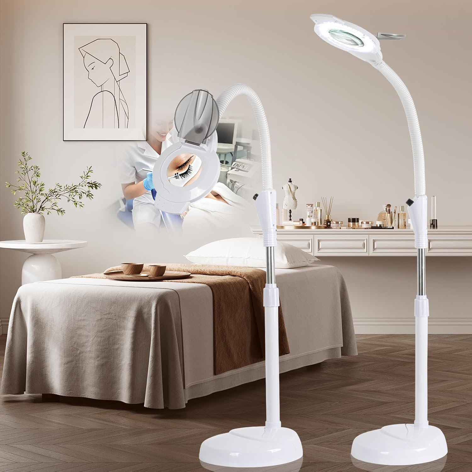 10X Magnifier Esthetician Light, 2500 Lumens, Flexible Gooseneck, Stepless Dimmable, LED Lighted Standing Mag Lamp for Eyelash Extensions,Tattoo, Crafts, Nail Art, Lash & Facials