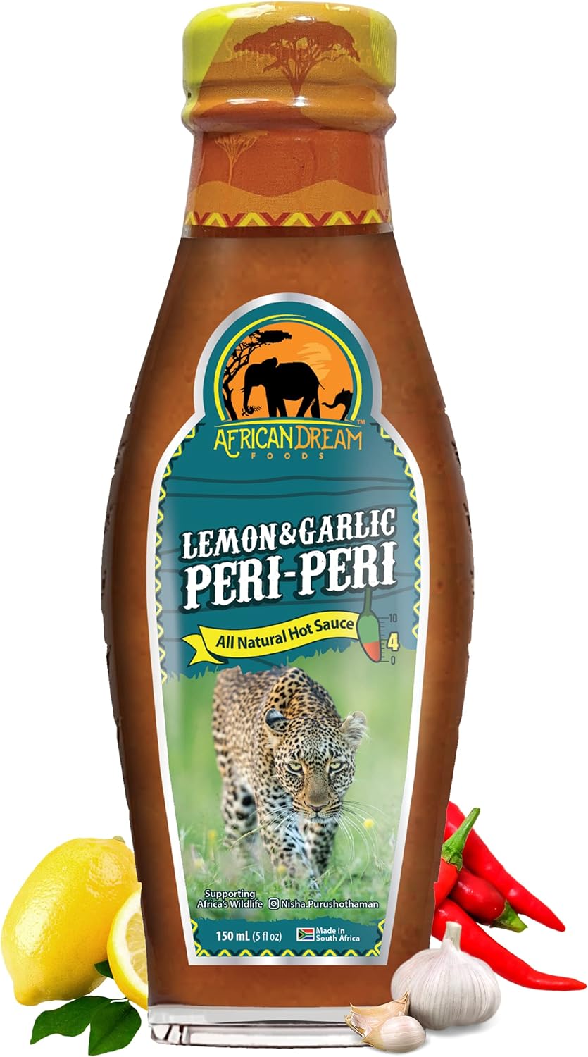 Lemon & Garlic Peri-Peri Hot Sauce by African Dream Foods | All-Natural Sweet and Spicy Piri-Piri Sauce with Thai Chili Peppers | Glass Bottle, 5 fl oz