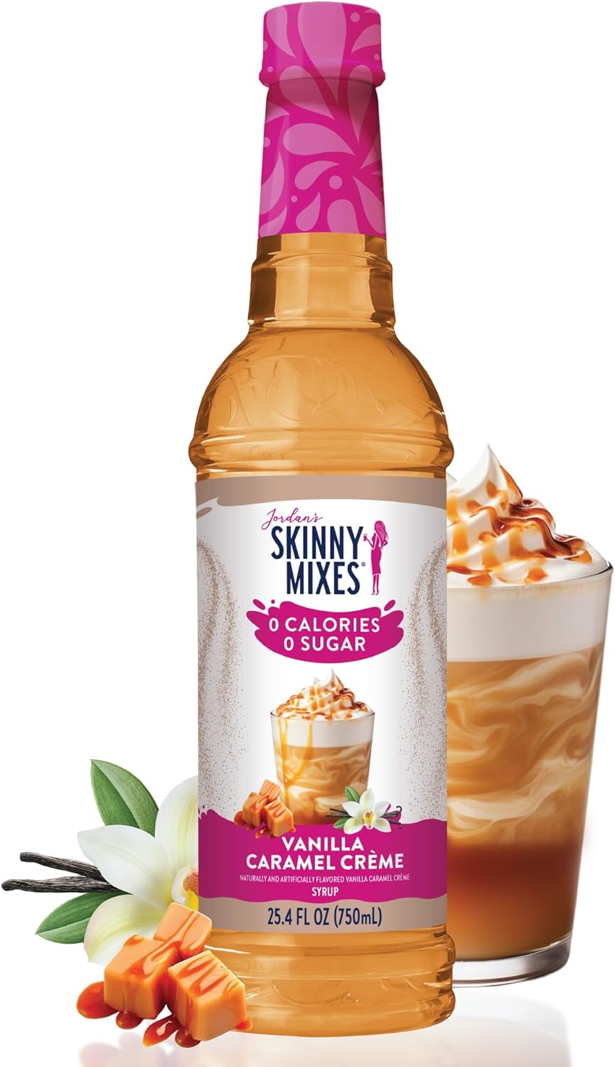 Jordan's Skinny Mixes Sugar Free Coffee Syrup, Vanilla Caramel Crème Coffee Flavoring Syrup, Zero Calorie Drink Mix, Lattes, Baking, Protein Shake or Cocktail, Dairy & Gluten Free, Kosher, 25.4 Fl Oz