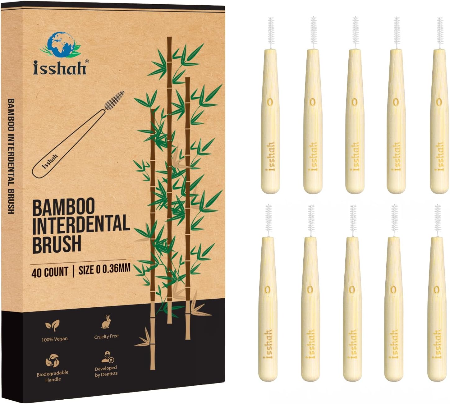 Isshah Bamboo Interdental Brushes, Between Teeth Cleaner Deep Clean Brush, 40 Count, Size 0, Small Gaps