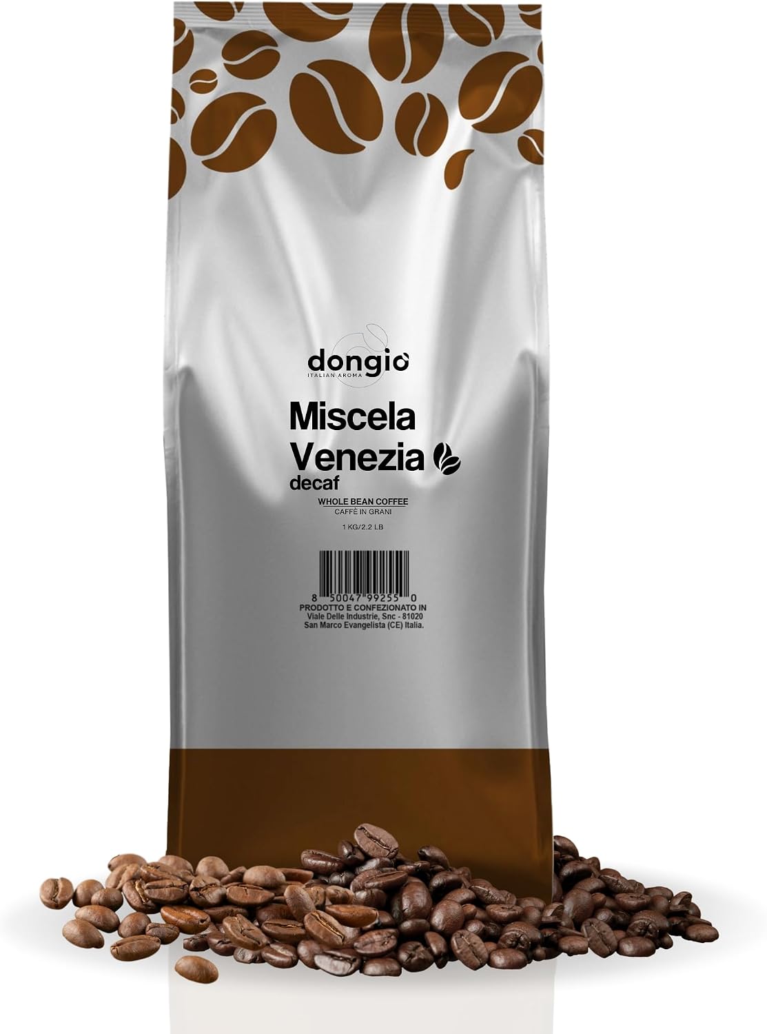 Dongio Caffe Venezia Blend Decaf Whole Bean Coffee - Medium-Dark Roast, 2.2 lb Bag - Roasted in Italy, CO2 Naturally Decaffeinated Italian Coffee Beans with Cocoa & Spice Notes