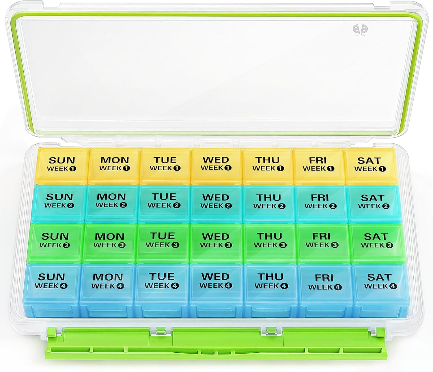 BUG HULL Monthly Pill Organizer, Moisture-Proof Large 28 Days Pill Box with Removable 4 Weeks Pill Case Rows, Medicine Pill Organizer, Travel Pills Organizer with One Month Pill Container for Vitamin