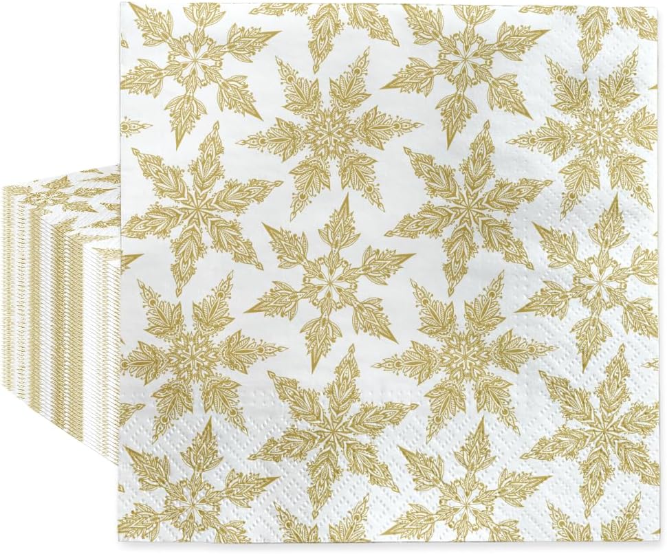 PAW - Winter Luncheon Napkins 6,5'' x 6,5'', White and Gold Disposable Paper Napkins with Snowflakes, Lunch Napkins for Winter Birthdays, Christmas Parties, New Years, Decoupage, 50 Count