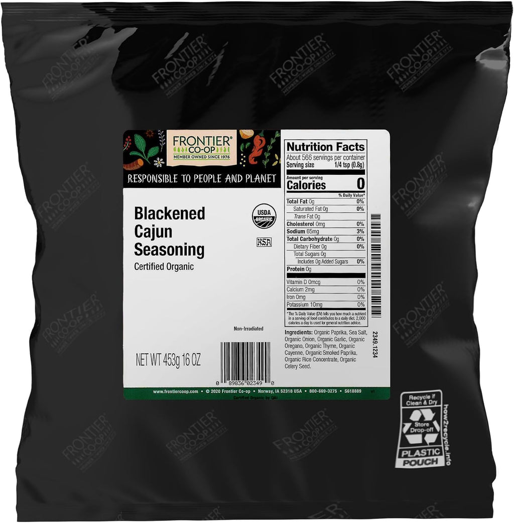Frontier Co-op Organic Blackened Cajun Seasoning, 1lb Bulk Bag - Bold, Smoky Spice Blend with Cayenne and Paprika for Seafood, Grilling, Snacks, Restaurant Supply | 16 Ounce (Pack of 1)