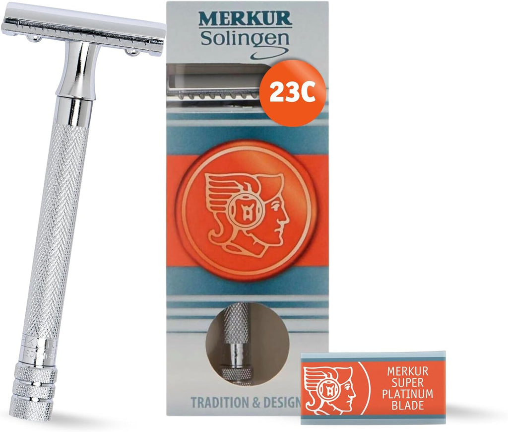MERKUR 23C Double Edge Safety Razor - Polished Chrome, Long Knurled Brass Handle, Made in Germany, Plastic-Free, Three Piece Design, Closed Comb, Straight Bar