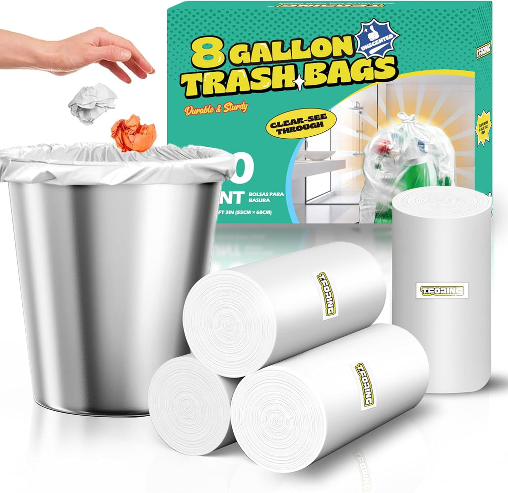 120 Count 8 Gallon Trash Bags Unscented - Thick Clear Medium Garbage bags, 30 Liter Strong Plastic Wastebasket Can Liners for Kitchen Home Bathroom Office
