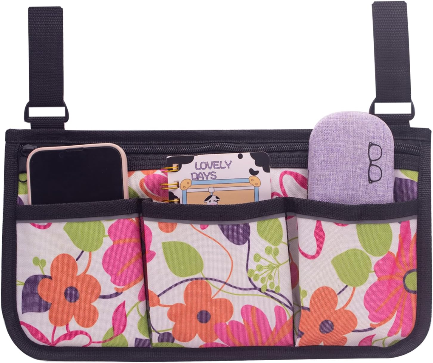 Wheelchair Side Bag, Wheelchair Accessories, Wheelchair Armrest Bag Storage Pouch to Hang on Side, with Reflective Stripes, Fits Mobility Scooter, Walker, Rollator, Floral Design (pink floral)