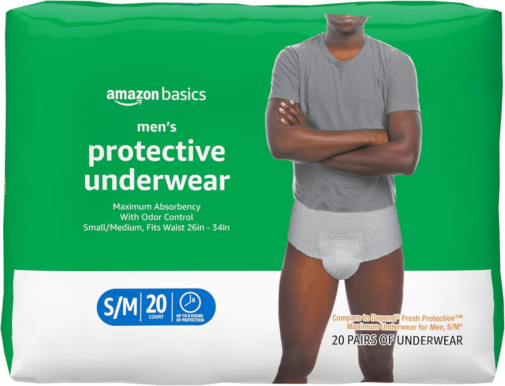 Amazon Basics Maximum Absorbency Incontinence Underwear for Men with Leak Protection, Dri-Fit Technology, Odor Control, Cotton Enhanced, Small/Medium, 20 Count