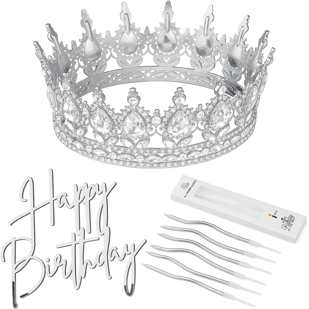 Highergo 8 Pcs Queen Crown Cake Topper Silver Rhinestone Crystal Tiara Birthday Cake Decoration for Women Princess Queen Wedding Party Photo Props