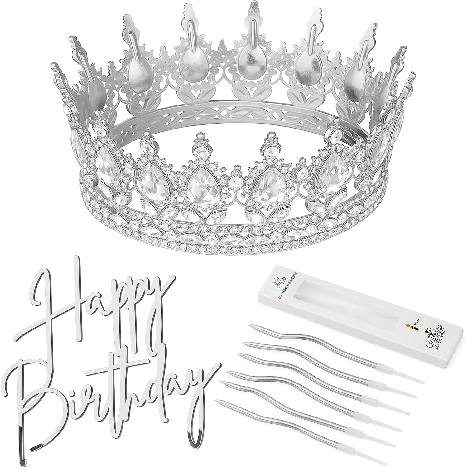 Highergo 8 Pcs Queen Crown Cake Topper Silver Rhinestone Crystal Tiara Birthday Cake Decoration for Women Princess Queen Wedding Party Photo Props