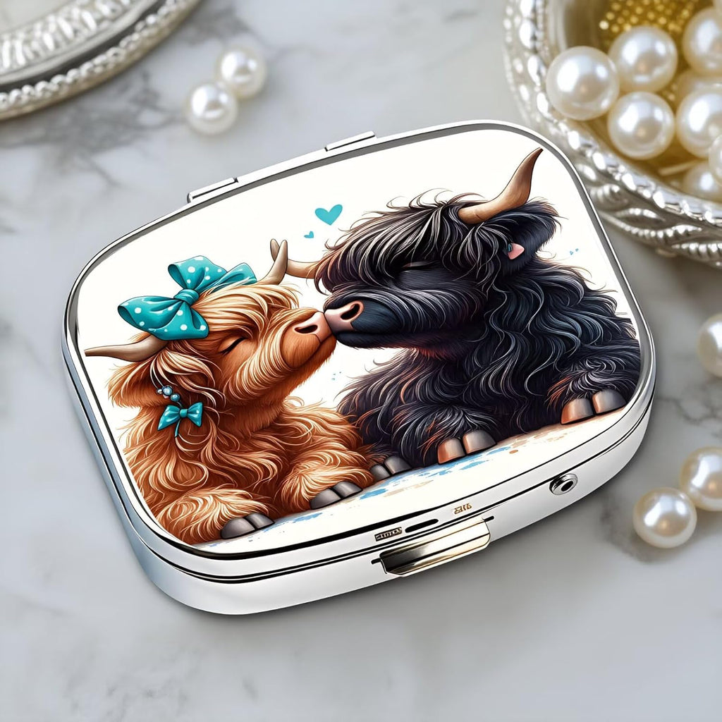 Chic Cute Cow Couple Bow-Compartment Metal Pill Box – Compact and Stylish Medication Organizer, Food-Safe, Portable for Wallet or Pocket, Perfect for Vitamins and Supplements
