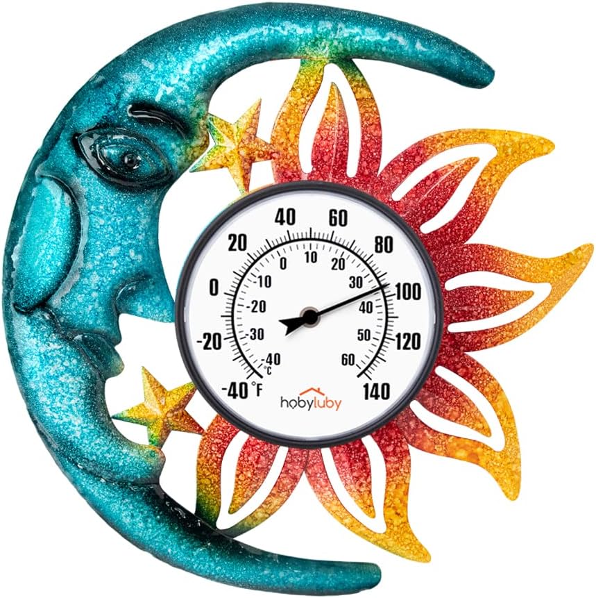 Large Number Indoor Outdoor Thermometer, Celestial Sun and Moon Decor Wall Thermometer for Patio, Outside, Inside, Home, Garden, Room, Window, Greenhouse (15")