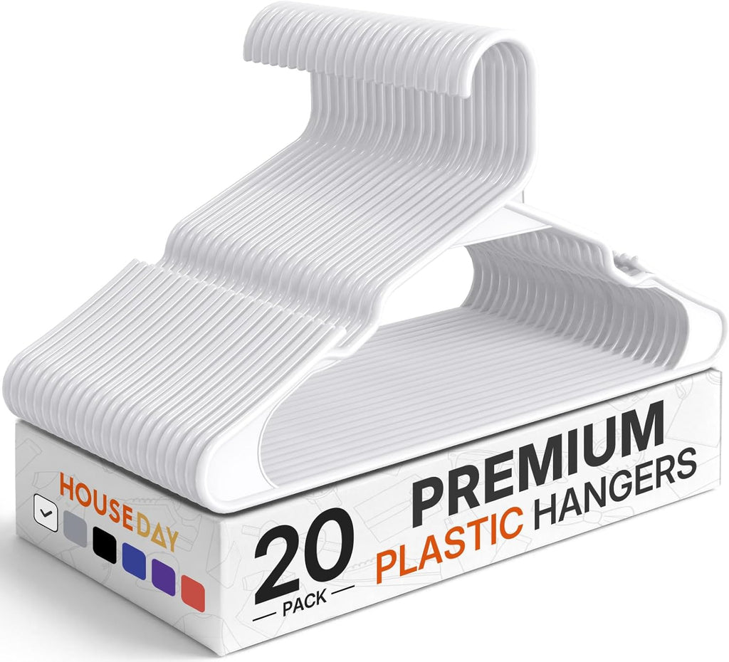 HOUSE DAY Plastic Hangers 20 Pack - White Clothes Hangers with Non-Slip Shoulder Grooves, Durable and Sturdy T-Shirt, Dress, Coat Hanger, Space Saving Design Perfect for Closet Organizers and Storage