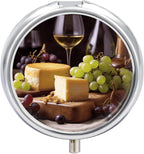 White Wine Cheese Cake Grapes Round Pill Box Unique 3 Compartment Pill Case Portable Fish Oil Cases Cute Small Round Pill Boxes with Mirror for Vitamins Medication Supplements