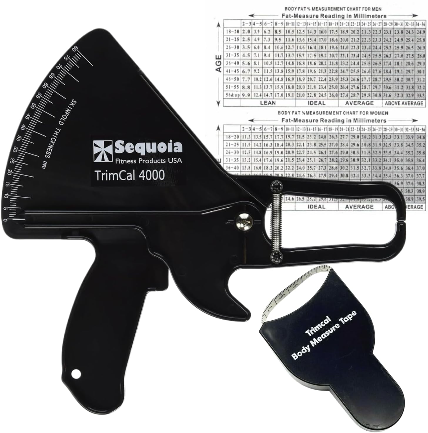Sequoia Trimcal 4000 Body Fat Caliper with Tape Measure - Precision (Dual-Sided Design) for Fitness Tracking - Color Black & Black