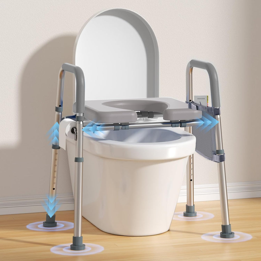 Raised Toilet Seat with Handles – Adjustable Width Elevated Seat, Cozy Padded Toilet Seat Risers for Seniors, Handicap & Disabled, Fits All Toilets, Gray
