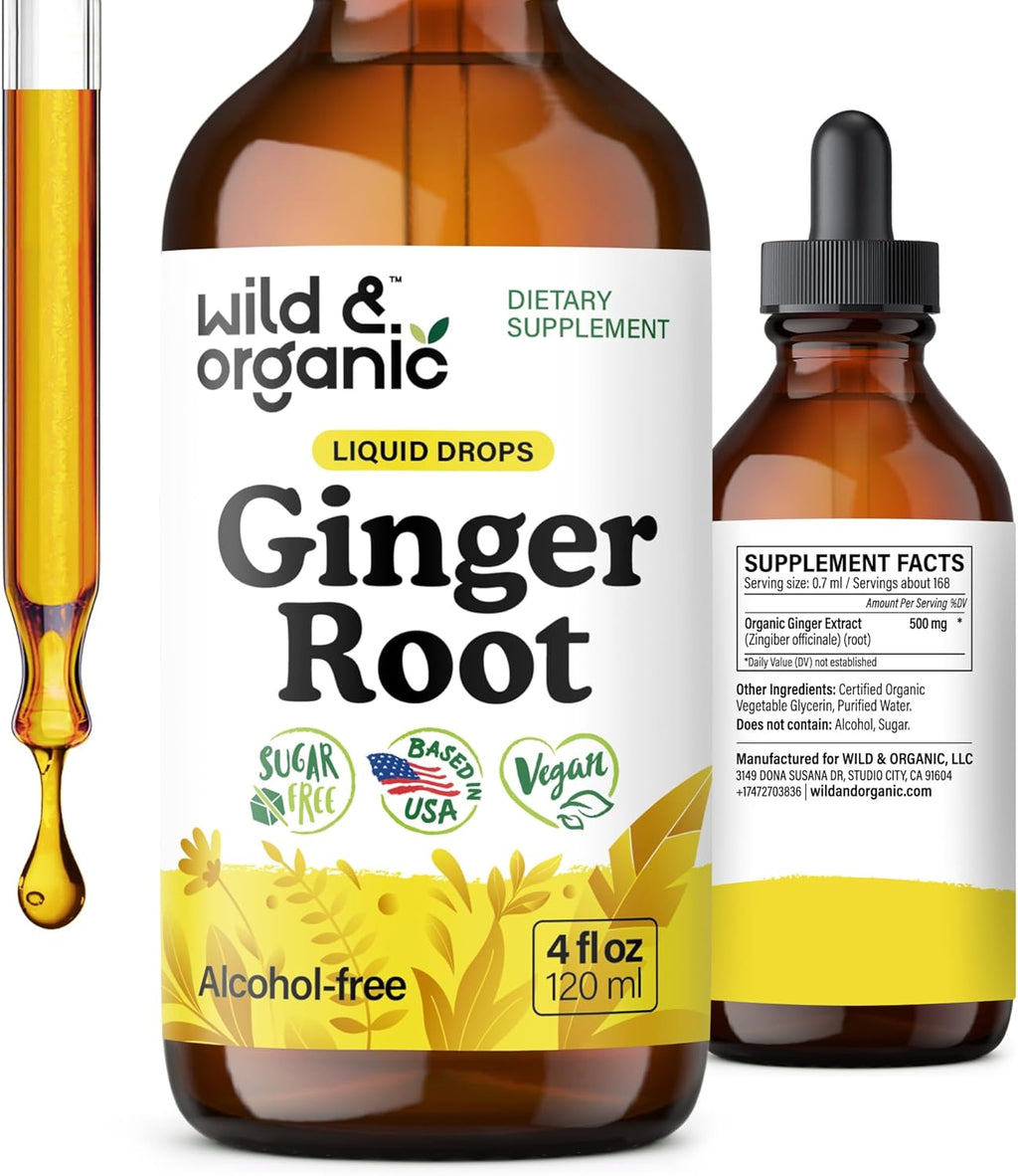 Wild & Organic Ginger Root Extract Drops - Immune & Digestive Support - Liquid Ginger Supplements - Easy to Add to Tea - Vegan, Sugar & Alcohol-Free Tincture - 4 fl oz