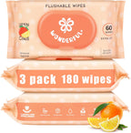 WONDERFUL Flushable Butt Wipes, Lemon Citrus 100% Plant-Based Wet Wipes for Adults & Kids; Sewer, Septic Safe; Gentle on Sensitive Skin, Wipes Flushable Pack for Bathroom & Travel, 3-Pack (180 Counts)