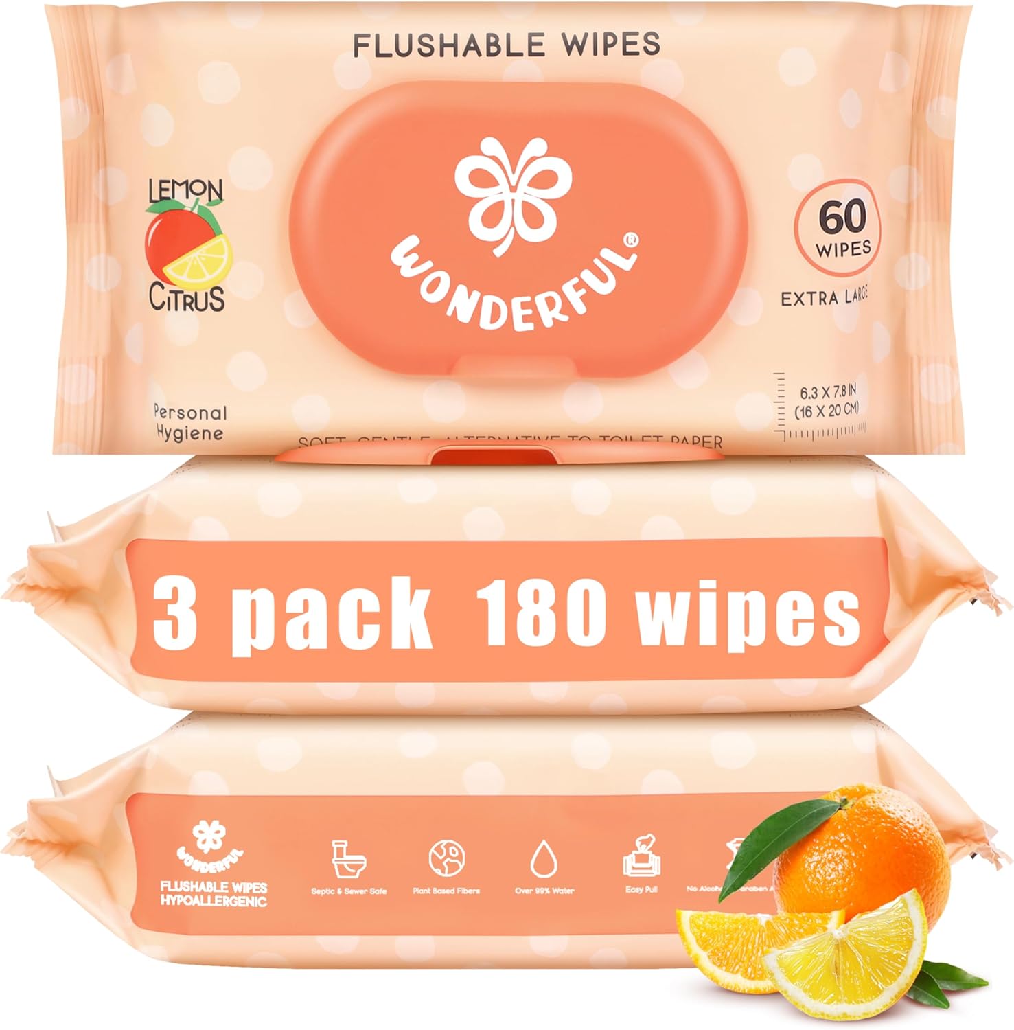 WONDERFUL Flushable Butt Wipes, Lemon Citrus 100% Plant-Based Wet Wipes for Adults & Kids; Sewer, Septic Safe; Gentle on Sensitive Skin, Wipes Flushable Pack for Bathroom & Travel, 3-Pack (180 Counts)