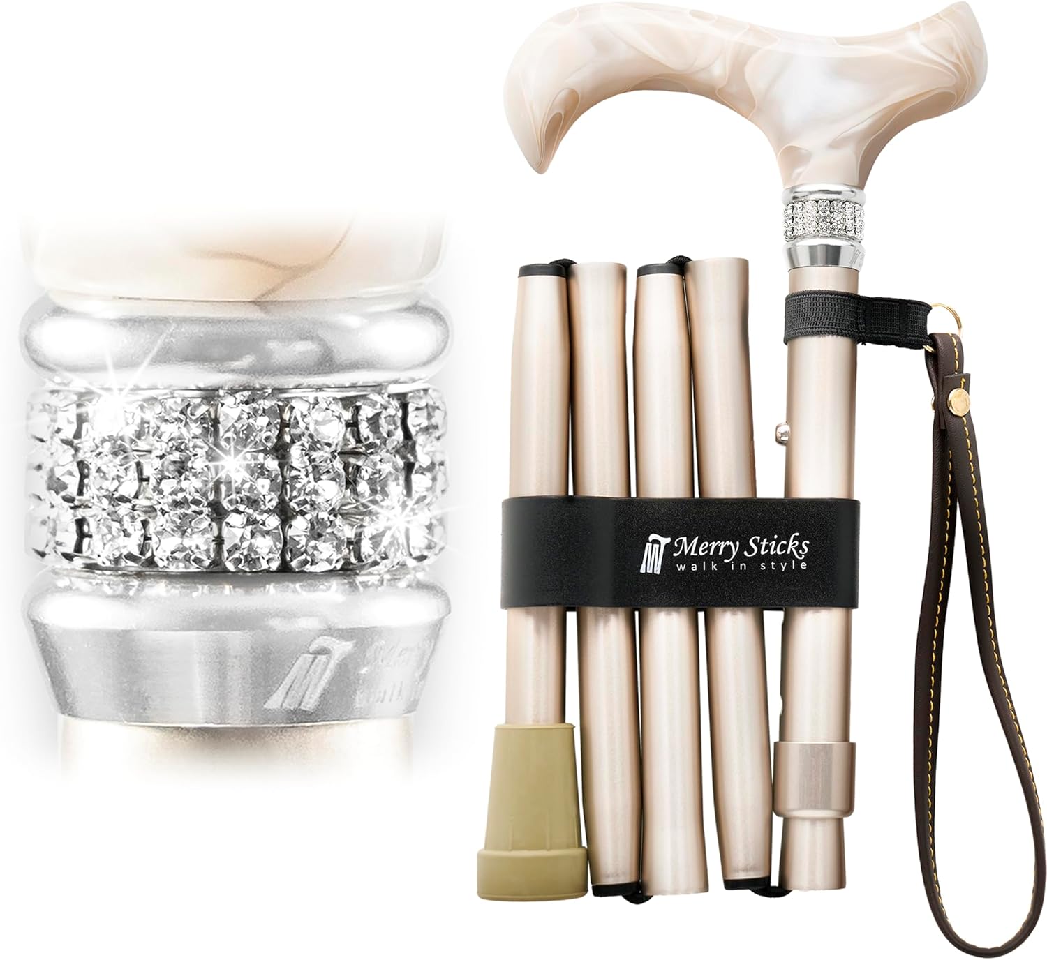 Merry Sticks Designer Foldable Walking Canes with Finest European Crystals, Folding Canes for Women and Men, Adjustable & Collapsible Canes for Seniors, Stylish Rhinestone Gift - Royal Champagne Gold