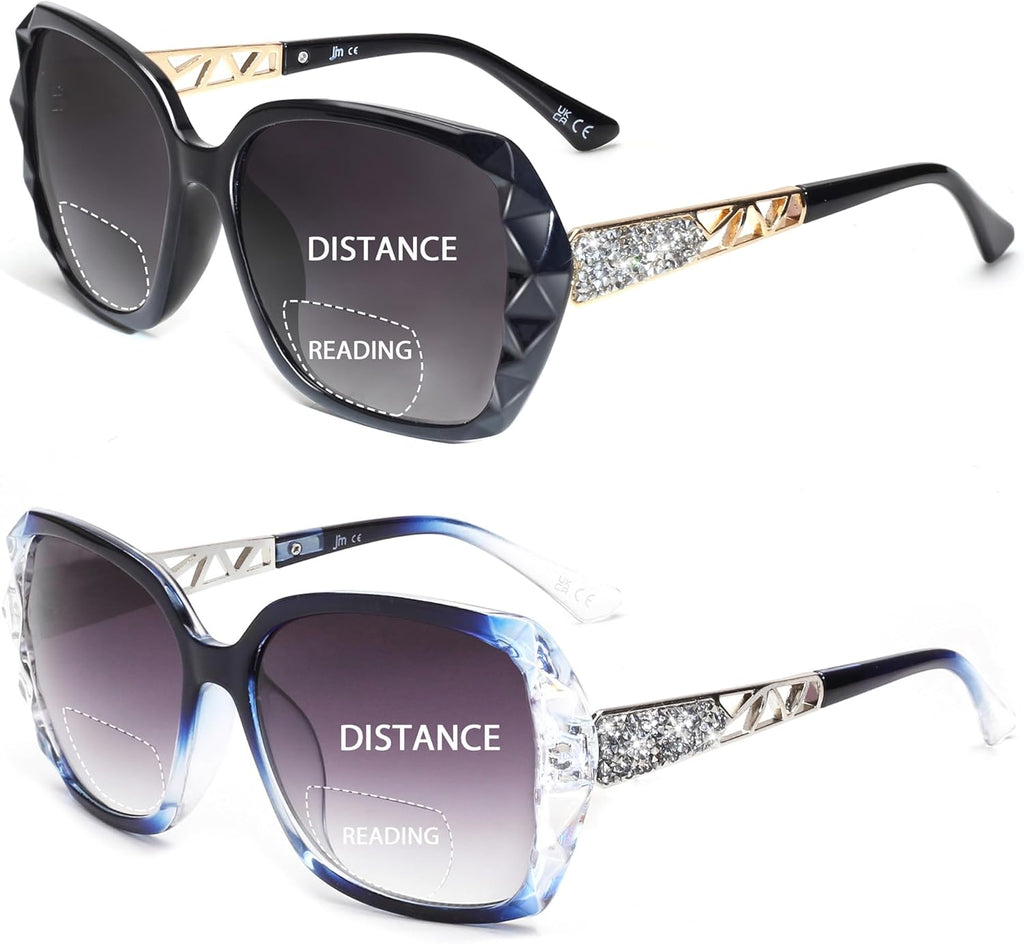 JM 2 Pack Bifocal Reading Sunglasses for Women Fashion Oversized Square Sun Readers Outdoor Reading Glasses UV400 Protection, Black & Clear Blue +1.5
