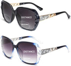 JM 2 Pack Bifocal Reading Sunglasses for Women Fashion Oversized Square Sun Readers Outdoor Reading Glasses UV400 Protection, Black & Clear Blue +1.5