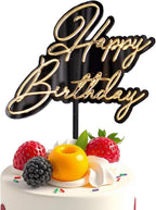 Happy Birthday Cake Topper – Acrylic Mirror Decoration for Birthday Party Cake & Dessert Decoration Supplies，Black & Gold