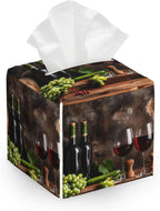 Red Wine Tissue Box Cover, Fruits Wood Tissue Box Holder Waterproof Leather Facial Paper Organizer Dispenser for Bathroom Home Car Nightstand Vanity