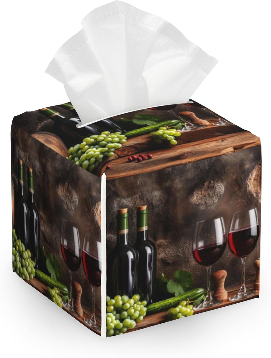Red Wine Tissue Box Cover, Fruits Wood Tissue Box Holder Waterproof Leather Facial Paper Organizer Dispenser for Bathroom Home Car Nightstand Vanity