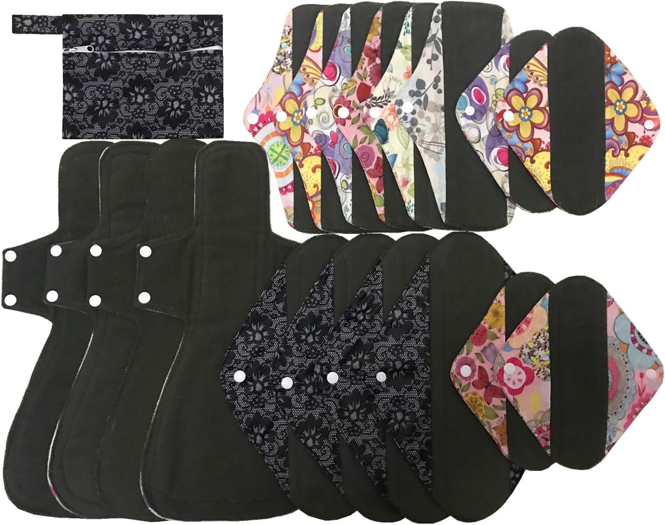 MUMBABY 19pcs Set 1pc Mini Wet Bag +4@8inch +6@10inch +4@12inch + 4@16inch Charcoal Bamboo Mama Cloth/Menstrual Pads/Reusable Sanitary Pads
