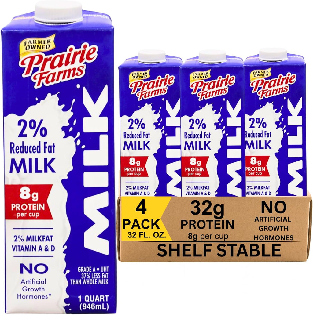 Prairie Farms Milk 2% Percent, Shelf Stable, Reduced Fat, Boxed & Ulta Pasteurized (UHT), Vitamin D White Milk - Preservative and Hormone Free, Gluten Free, Kosher, Made in USA - 1 Quart (4 Pack)
