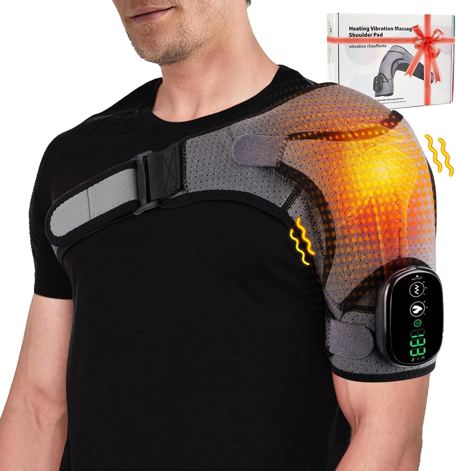Cordless Portable Shoulder Heating Pad & Massager, Heating Vibration Shoulder Wrap, Shoulder Brace for Pain Relief, Rotator Cuff Support for Men & Women, Black&Grey