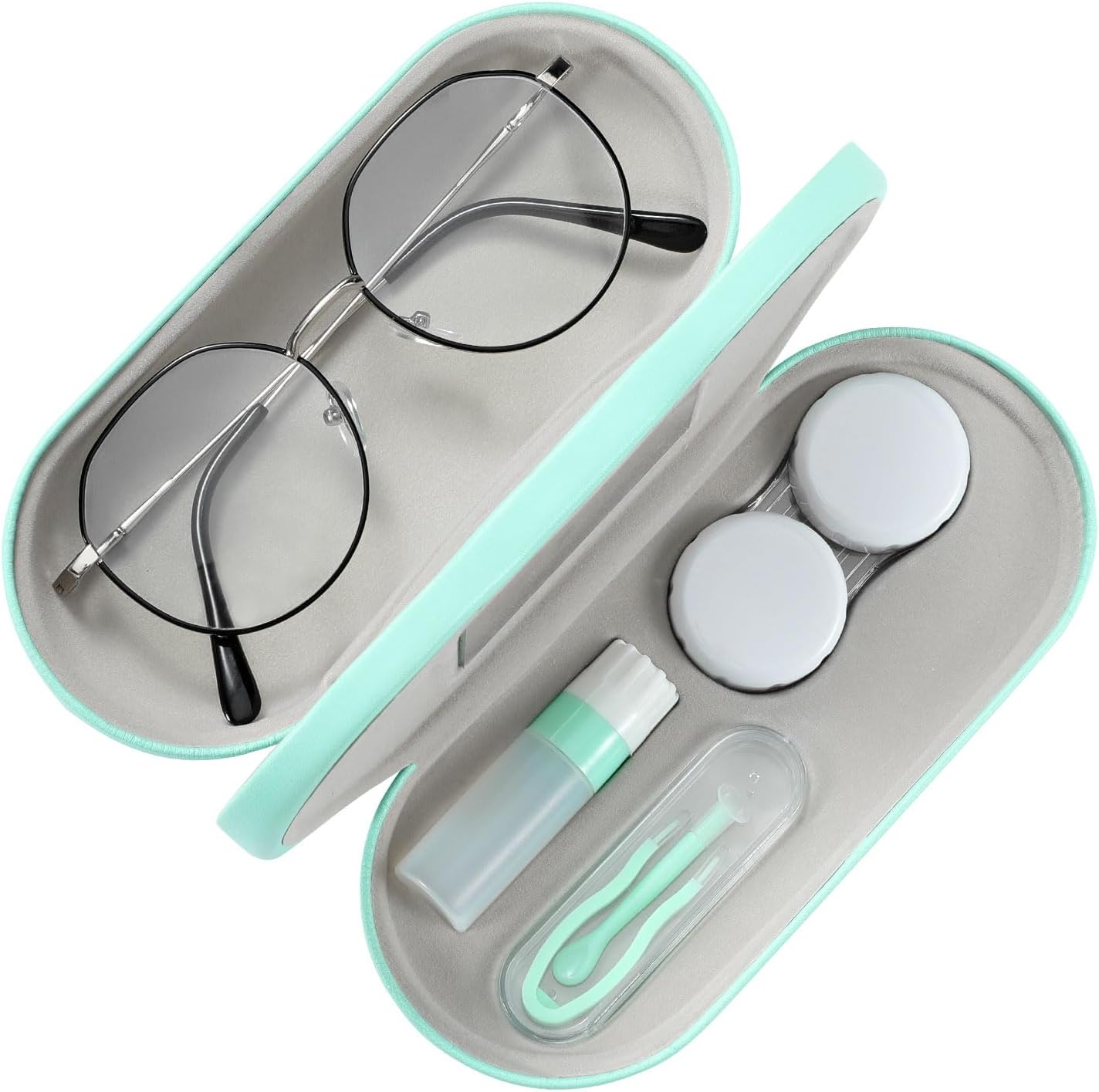 MoKo Double Eyeglass Case, Contact Lens Case with Mirror Tweezers Remover, 2 in 1 Double Sided Portable Contact Lens Box Holder Container Soak Storage Kit Sunglasses Pouch for Men & Women, Green