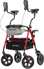 ELENKER All Terrain Upright Rollator Walker with Seat, Foldable Stand Up Walkers for Seniors with Armrest, Front Pouch, 10” Wheels, Fully Adjustment Frame, Red