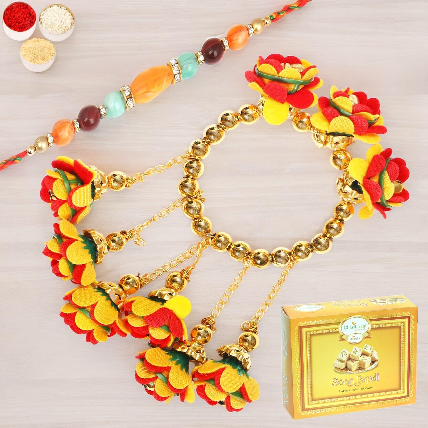 Ghasitaram Gifts Rakhis Online - Rakhi for Brother-TK-27 Bhaiya Bhabhi Rakhi with 400 GMS of Soan Papdi