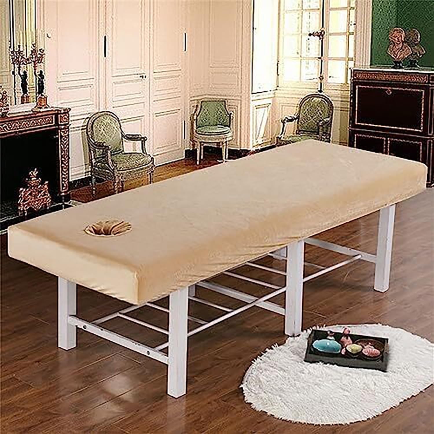 Massage Bed Sheet with Face Hole for Spa Salon, 80×190 cm/31.5×74.8 inch Massage Table Cover Washable Crystal Velvet Fabric, Elastic Cord for Facial Couch and Table(Camel)