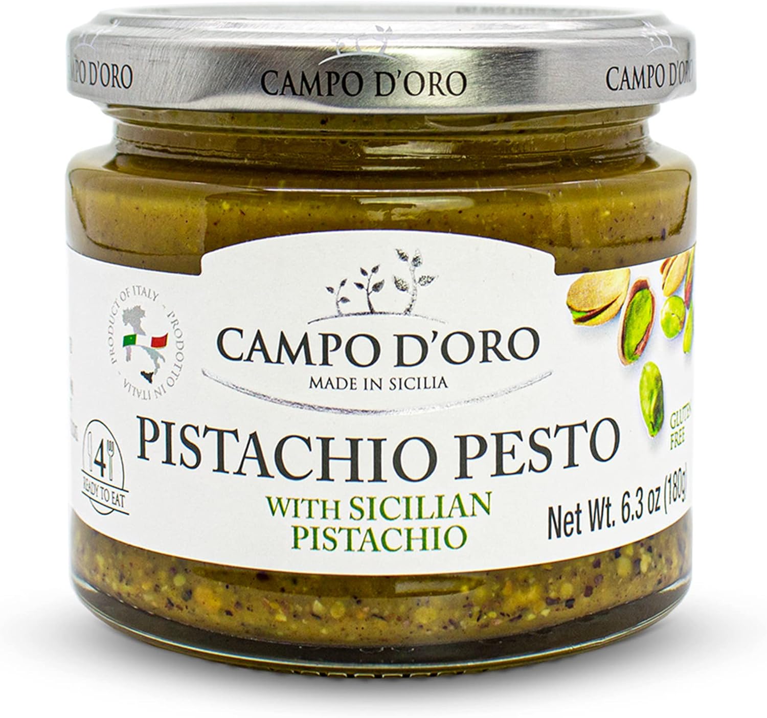 CAMPO D'ORO - Pistachio Pesto, Paste, UnSweetened, Sicilian Pesto Sauce, Savory, Creamy, Spreadable, 6.35oz, Sicily