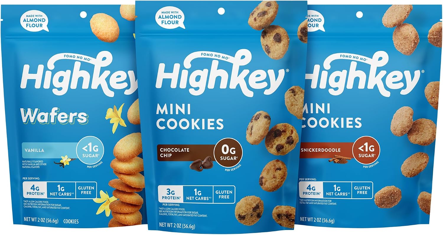HighKey Sugar Free Cookies Variety Pack - 6.0oz Keto Snacks Zero Carb No Sugar 3-Pack Chocolate Chip Cookie, Snickerdoodle,Vanilla Wafers Low Carb Gluten Free Diabetic Snack Diet Friendly Food Sweets