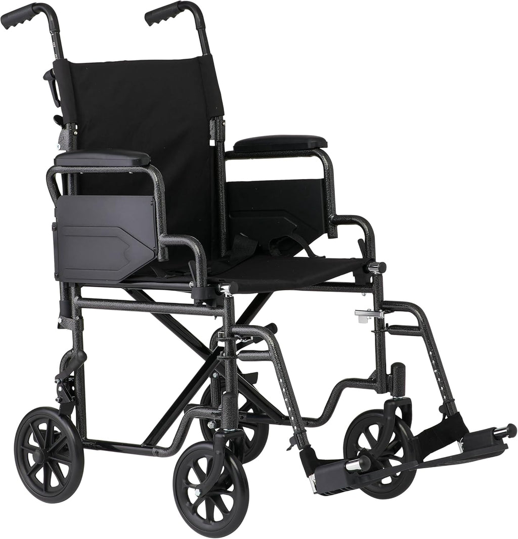 Medline Carbon Steel Folding Transport Chair with Swing-Back Arms, Swing-Away Foot Rests, Portable Mobility for Adults & Seniors, 19" Wide Padded Seat, 250 lb. Capacity, Black